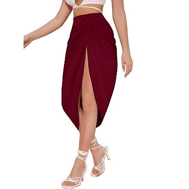 Women Ruched Zip Back Satin Skirt