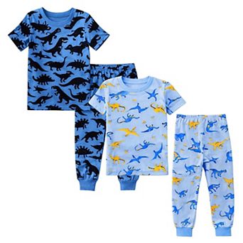 Kids Boys Blue Dinosaurs Dark Dinosuars 2 Pack Short Sleeve Pajamas Snug Fit
