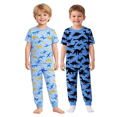 Kids Boys Blue Dinosaurs Dark Dinosuars 2 Pack Short Sleeve Pajamas Snug Fit