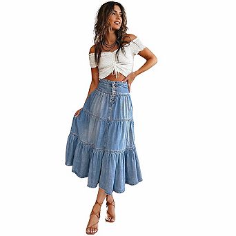 Women's Long A-Line Denim Skirt