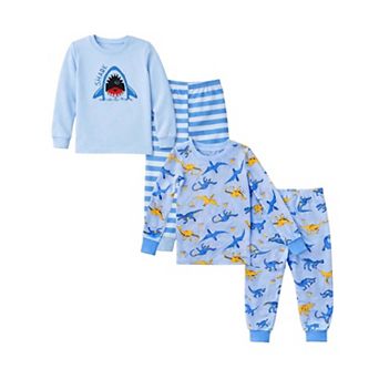 Kids Boys Blue Dinosaurs Sharks 2 Pack Long Sleeve Pajamas Snug Fit