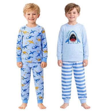 Kids Boys Blue Dinosaurs Sharks 2 Pack Long Sleeve Pajamas Snug Fit