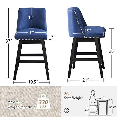 Trikiousd Set of 2 Upholstered Swivel Bar Stools 26" Counter Height Chairs with Wood Frame