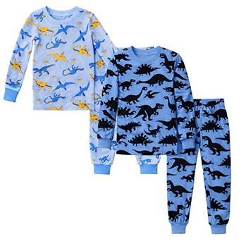 Kids Boys Blue Dinosaurs Dark Dinosaurs 2 Pack Long Sleeve Pajamas Snug Fit
