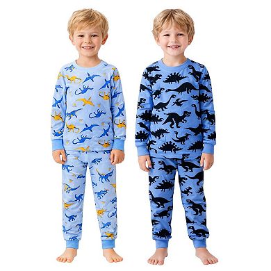 Kids Boys Blue Dinosaurs Dark Dinosaurs 2 Pack Long Sleeve Pajamas Snug Fit