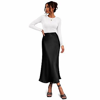 High-Waist Satin A-Line Midi Skirt