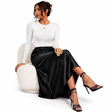 High-Waist Satin A-Line Midi Skirt