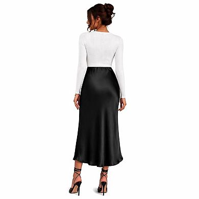 High-Waist Satin A-Line Midi Skirt