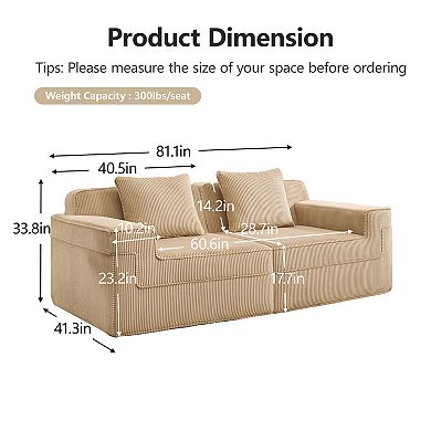 Trikiousd Modular 2-Seat Boneless Cloud Loveseat Sofa Corduroy Deep Seat Sectional Couch