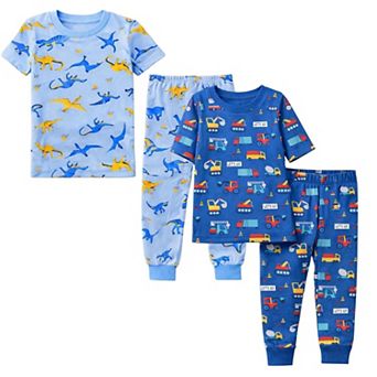 Kids Boys Blue Dinosaurs Cars Soft 2 Pack Short Sleeves Pajamas Snug Fit