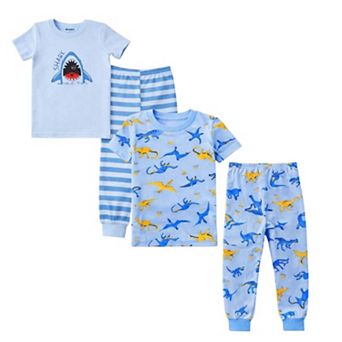 Kids Boys Blue Dinosaurs Sharks 2-Pack Pajamas Snug Fit PJs Short Sleeve