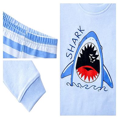 Kids Boys Blue Dinosaurs Sharks 2-Pack Pajamas Snug Fit PJs Short Sleeve