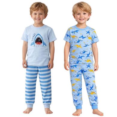 Kids Boys Blue Dinosaurs Sharks 2-Pack Pajamas Snug Fit PJs Short Sleeve