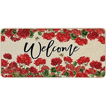Spring summer geranium doormat, red floral welcome design, outdoor, non-slip rubber, durable mat