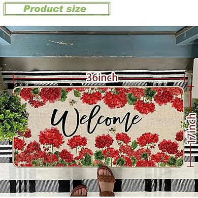 Spring summer geranium doormat, red floral welcome design, outdoor, non-slip rubber, durable mat