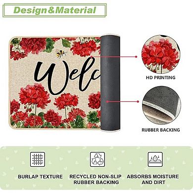 Spring summer geranium doormat, red floral welcome design, outdoor, non-slip rubber, durable mat
