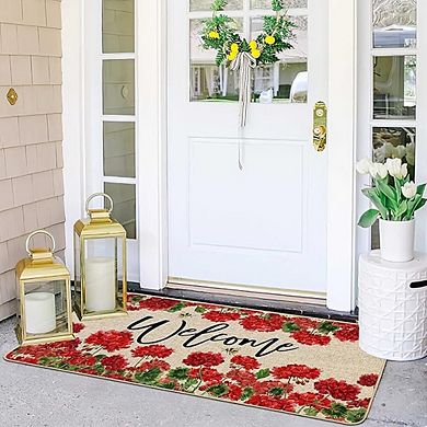 Spring summer geranium doormat, red floral welcome design, outdoor, non-slip rubber, durable mat