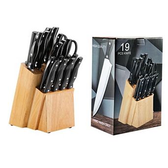 19 pc Stainless Steel Knife Set with Oak Wood Block & ABS Handles