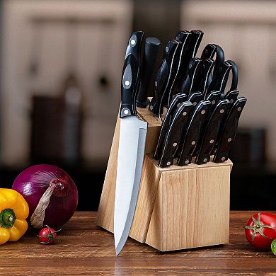 19-Piece Stainless Steel Knife Set with Oak Wood Block & ABS Handles