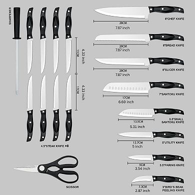19-Piece Stainless Steel Knife Set with Oak Wood Block & ABS Handles