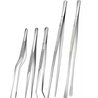 5 pc Stainless Steel Kitchen Tweezers & Tongs Set, 12" & 6.3" for Cooking, BBQ, Seafood