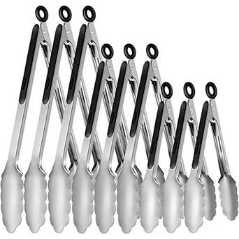 9 pc Stainless Steel Locking Kitchen Tongs Set for Cooking, BBQ, and Salad (7", 9", 12")
