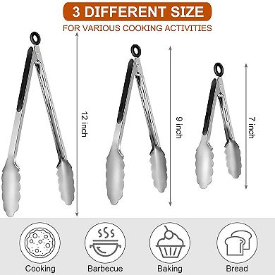 9-Piece Stainless Steel Locking Kitchen Tongs Set for Cooking, BBQ, and Salad (7", 9", 12")