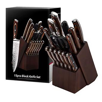 15 pc Stainless Steel Hammer Forged Knife Set with Wooden Block and Handle