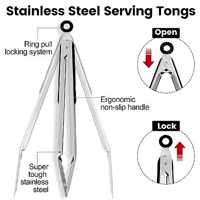 Stainless Steel Kitchen Tongs (7/9/12") - Non-Stick Serving Clips for Cooking, BBQ, Buffet