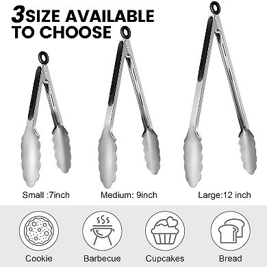 Stainless Steel Kitchen Tongs (7/9/12") - Non-Stick Serving Clips for Cooking, BBQ, Buffet