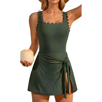 Swim Dress with Scalloped Neck and Skirt