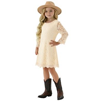 2Bunnies Girls' 7yr-12yr Boho Rustic Vintage Lace Scalloped Hem 3/4 Sleeve Shift Dress