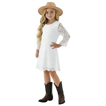 2Bunnies Girls' 7yr-12yr Boho Rustic Vintage Lace Scalloped Hem 3/4 Sleeve Shift Dress