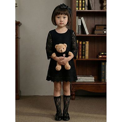 2Bunnies Girls' 7yr-12yr Boho Rustic Vintage Lace Scalloped Hem 3/4 Sleeve Shift Dress