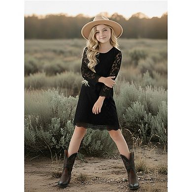 2Bunnies Girls' 7yr-12yr Boho Rustic Vintage Lace Scalloped Hem 3/4 Sleeve Shift Dress