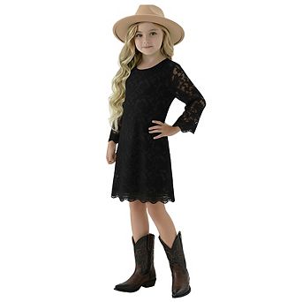 2Bunnies Girls' 7yr-12yr Boho Rustic Vintage Lace Scalloped Hem 3/4 Sleeve Shift Dress