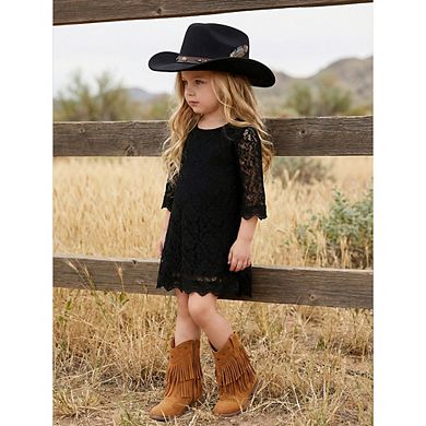 2Bunnies Girls' 4yr-6yr Boho Rustic Vintage Lace Scalloped Hem 3/4 Sleeve Shift Dress