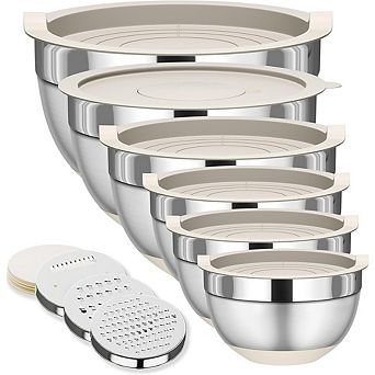 Stainless Steel Mixing Bowl Set, 6 pc Nesting, With Lids & Graters, Non-Slip