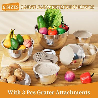 Stainless Steel Mixing Bowl Set, 6-Piece, Nesting, With Lids & Graters, Non-Slip