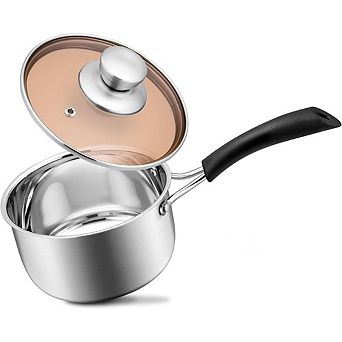 Stainless Steel Saucepan with Glass Lid, Heat-Proof Handle, Dishwasher Safe