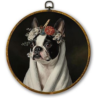 Vintage Floral Boston Terrier Bathroom Wall Art Framed Canvas Decor