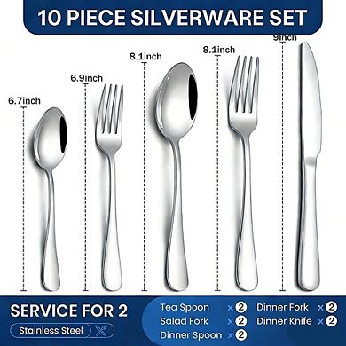Stainless Steel Flatware Set for 2, 10-Piece Mirror Polished, Dishwasher Safe