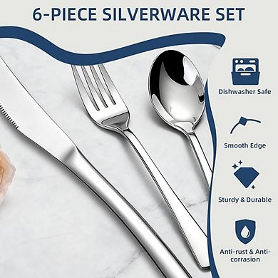Stainless Steel Flatware Set for 2, 6-Piece Dishwasher Safe Cutlery
