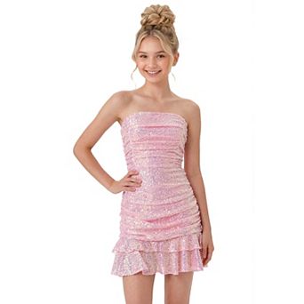 2Bunnies Girls' 8Y-14Y Tween Teen Sequin Strapless Tie Back Bow Ruched Bodycon Mini Party Dress