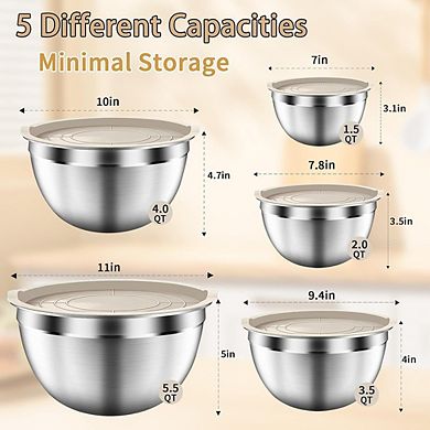 Stainless Steel Mixing Bowl Set, 5-Piece, Nesting, Airtight, Durable