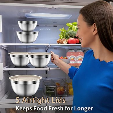 Stainless Steel Mixing Bowl Set, 5-Piece, Nesting, Airtight, Durable