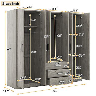 Pnronnc Modern 6 Door Wardrobe Closet with Lockable Drawer Freestanding Bedroom Armoire