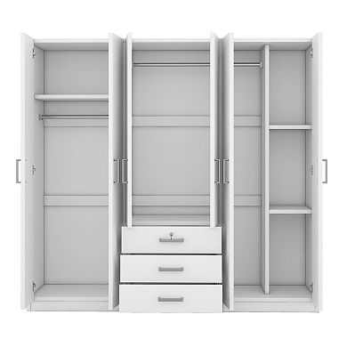 Pnronnc Modern 6 Door Wardrobe Closet with Lockable Drawer Freestanding Bedroom Armoire