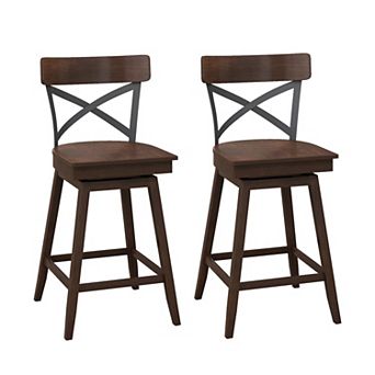 Set of 2 Wooden Swivel Bar Stools with Open X Back and Footrest-24 inches