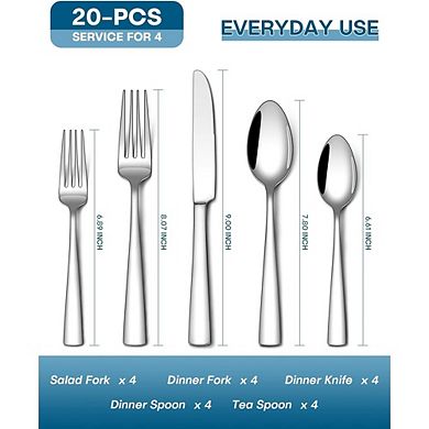 Stainless Steel Flatware Set for 4, Mirror Polished, Dishwasher Safe